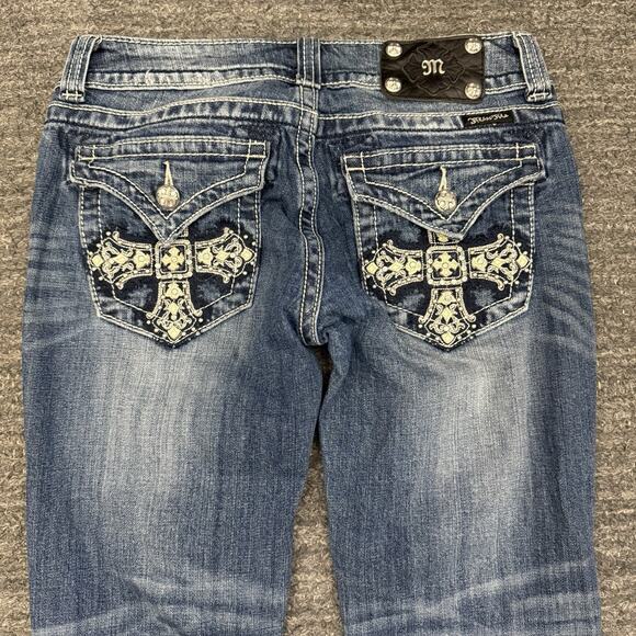 Miss Me Jeans 27 x 34 Boot Cut Rhinestone Sequin Bling Distressed Buckle Cross - Picture 1 of 13